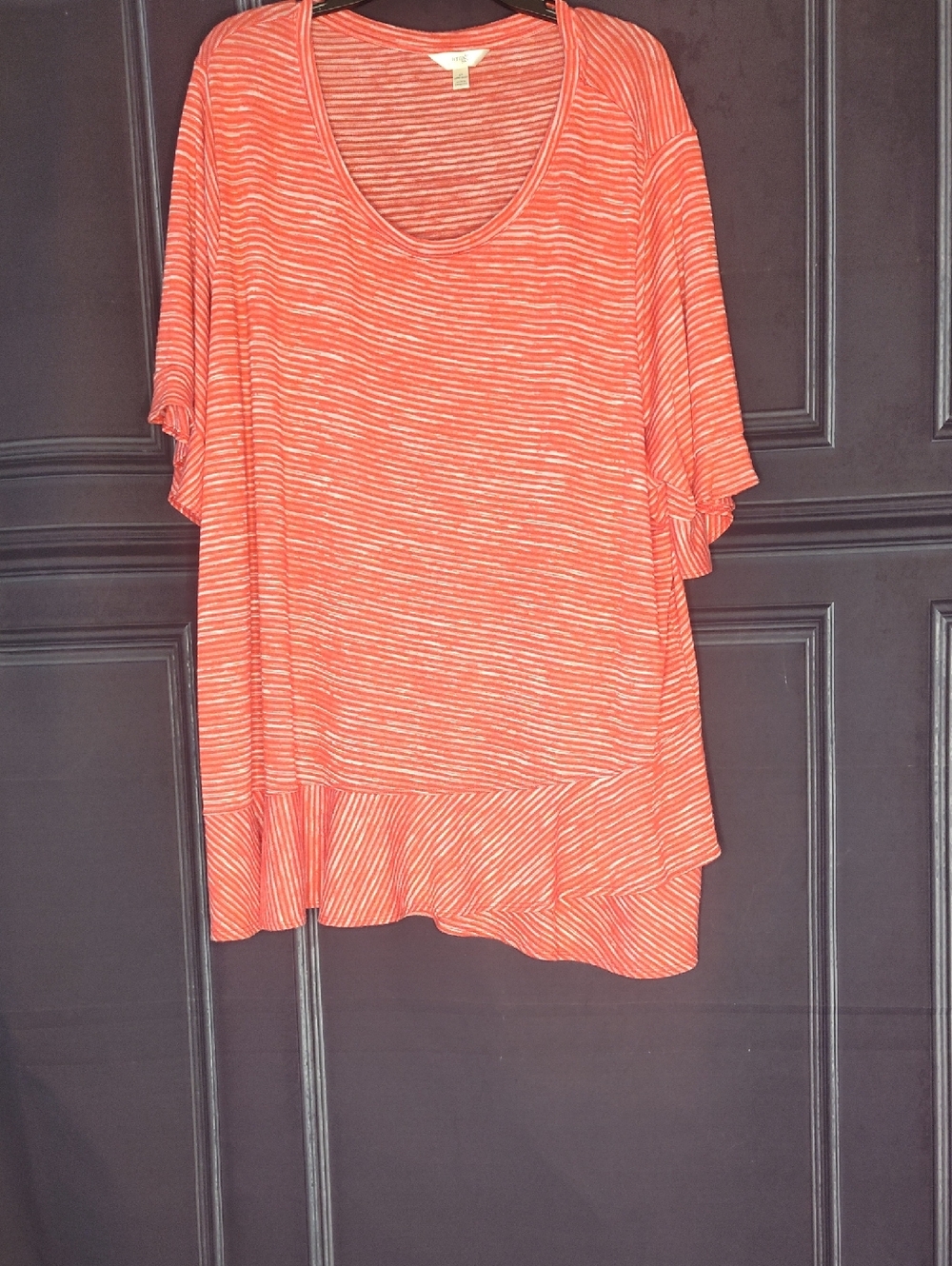 Terra & Sky Coral Stripe Ruffle-Hem Scoop Neck Tunic